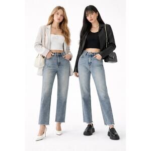 ZARA Women's High Waist Straight Leg Raw Hem Ankle Denim Jeans Blue Size 8